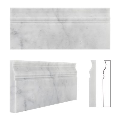 Adolif Carrara White Marble Baseboard Trim Molding, 100% Natural Marble, Polished, 12"x5", 4 Pcs